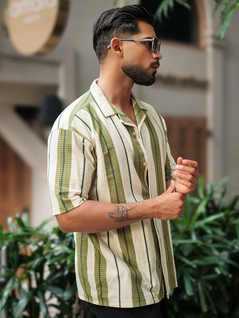 مانياك Maniac Mens Miami Vertical Stripe Collared Neck Half Sleeve Cream and Green Shirt